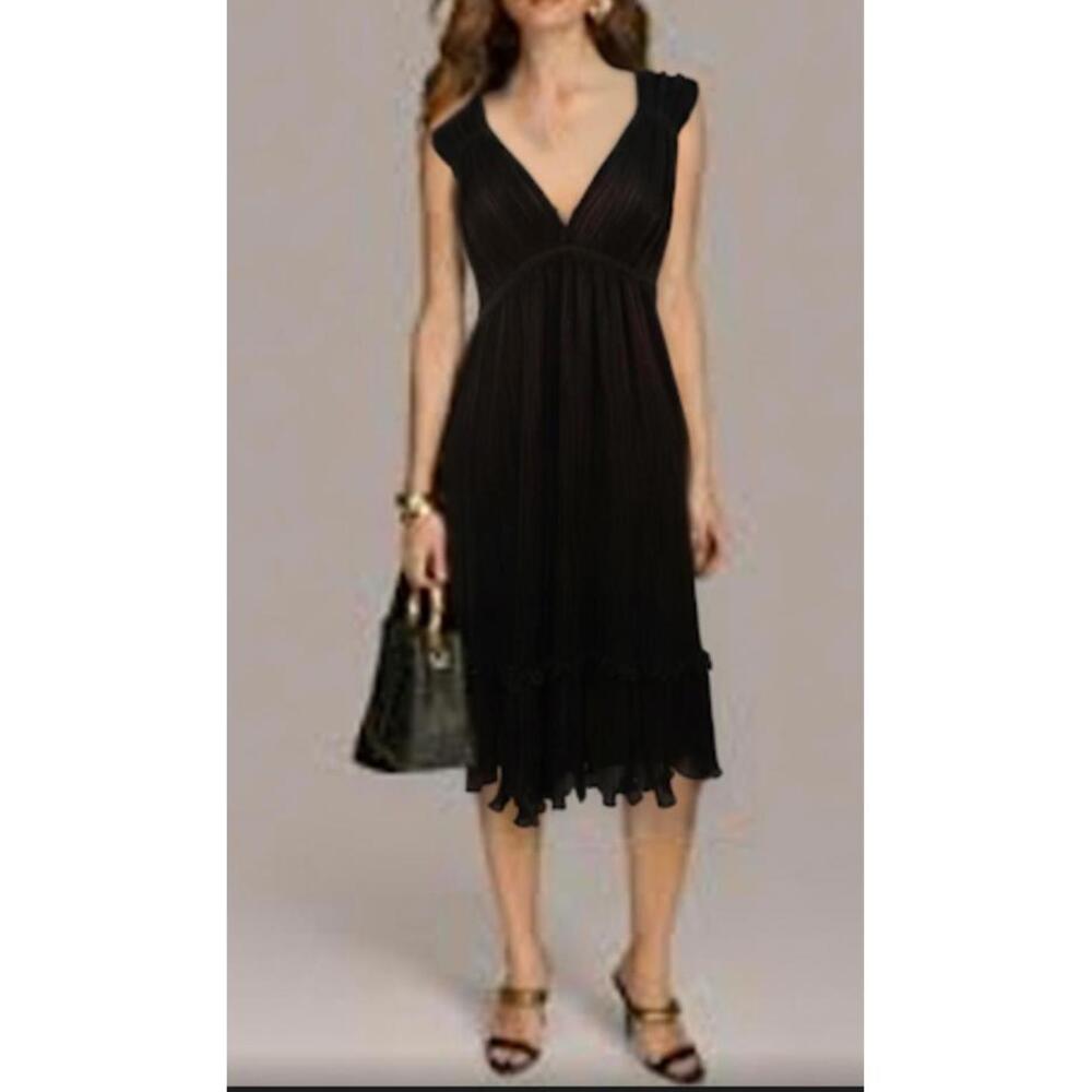 nanetto lepore Women Black Pleated Sleeveless V-Neck Empire Waist Midi Dress S 6